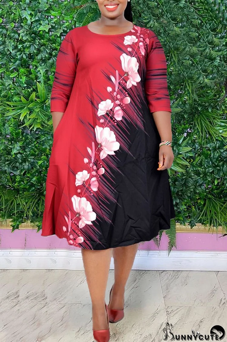 Red Casual Print Patchwork O Neck A Line Plus Size Dresses