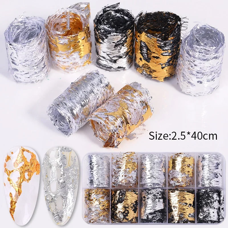 10Pcs/Box 3D Gold And Silver Tin Foil Sticker Beautiful Colorful Nail Art Stickers Decoration Wraps Manicures