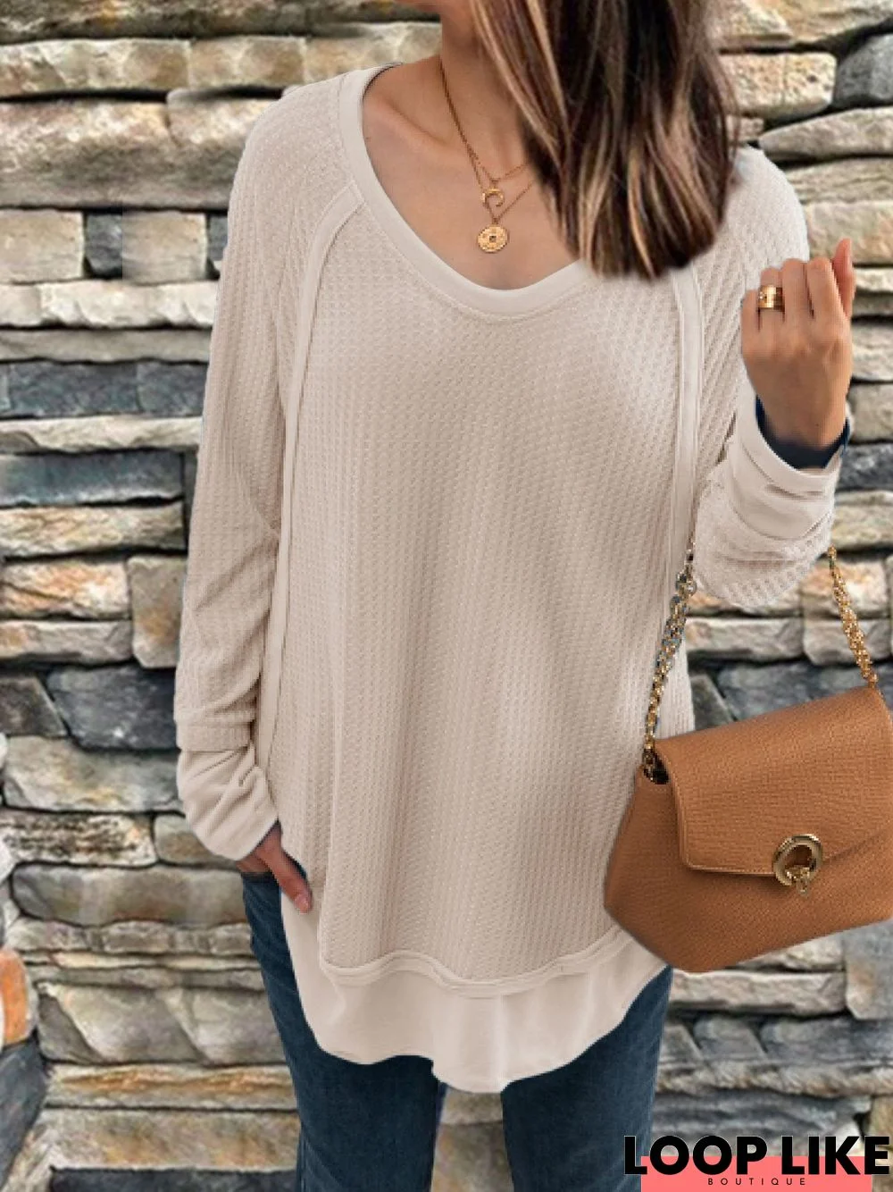 Casual Long Sleeve V Neck Solid Tops