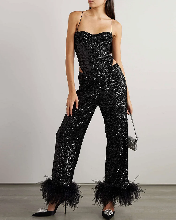 Feather-trimmed sequined satin straight-leg pants and halter top two-piece set