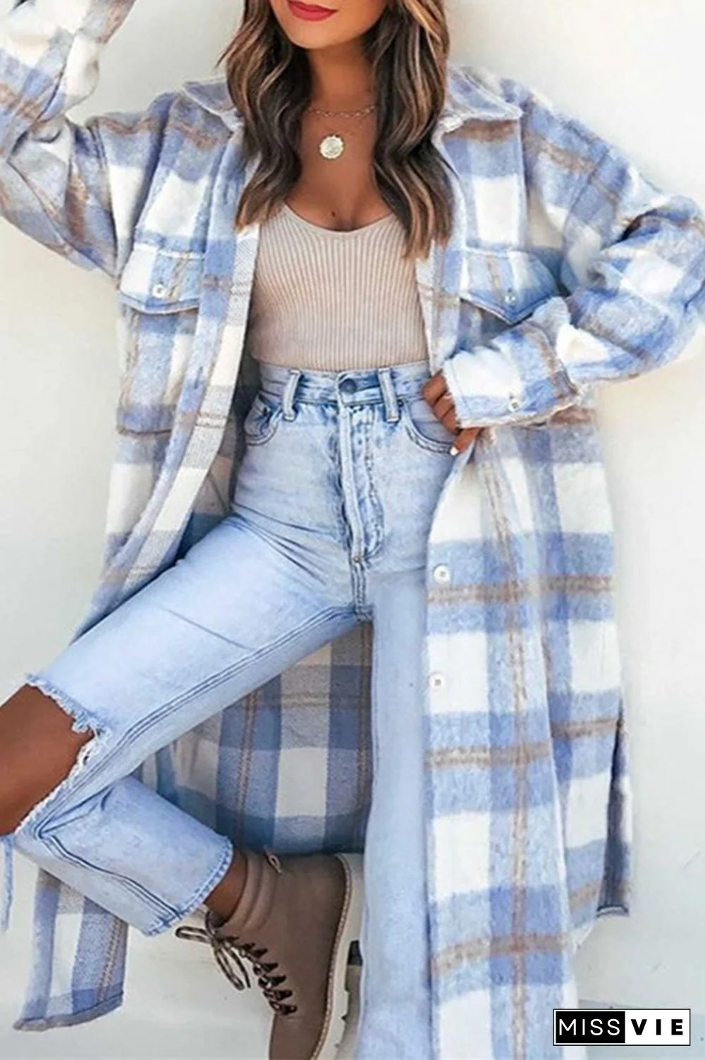 Fashion Elegant Plaid Buckle Slit Turndown Collar Outerwear