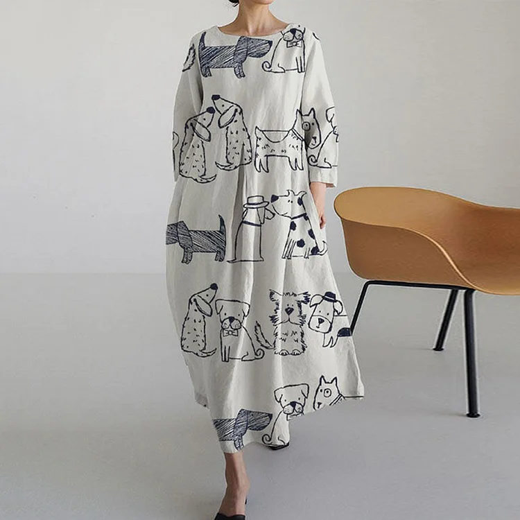 Dog Art Print Crew Neck Casual Midi Dress