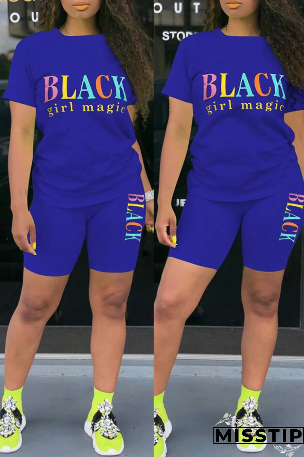 Blue Fashion Casual Letter Print Basic O Neck Short Sleeve Two Pieces