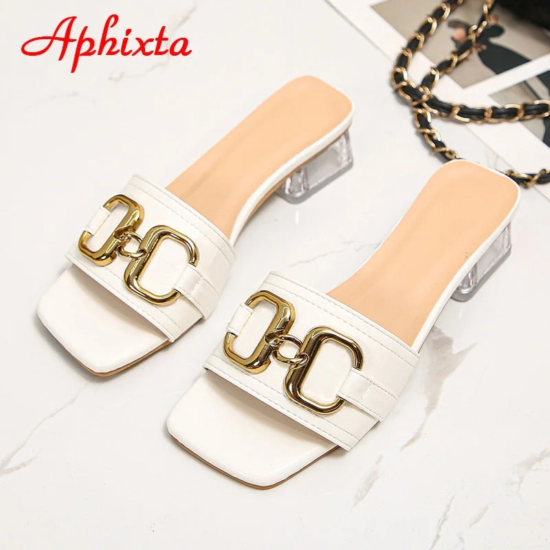 Aphixta 2022 Metal Buckle 3.5cm Transparent Square Heels Slides Women Peep Toe Mules Cool Summer Slippers Sandals Elegant Shoes