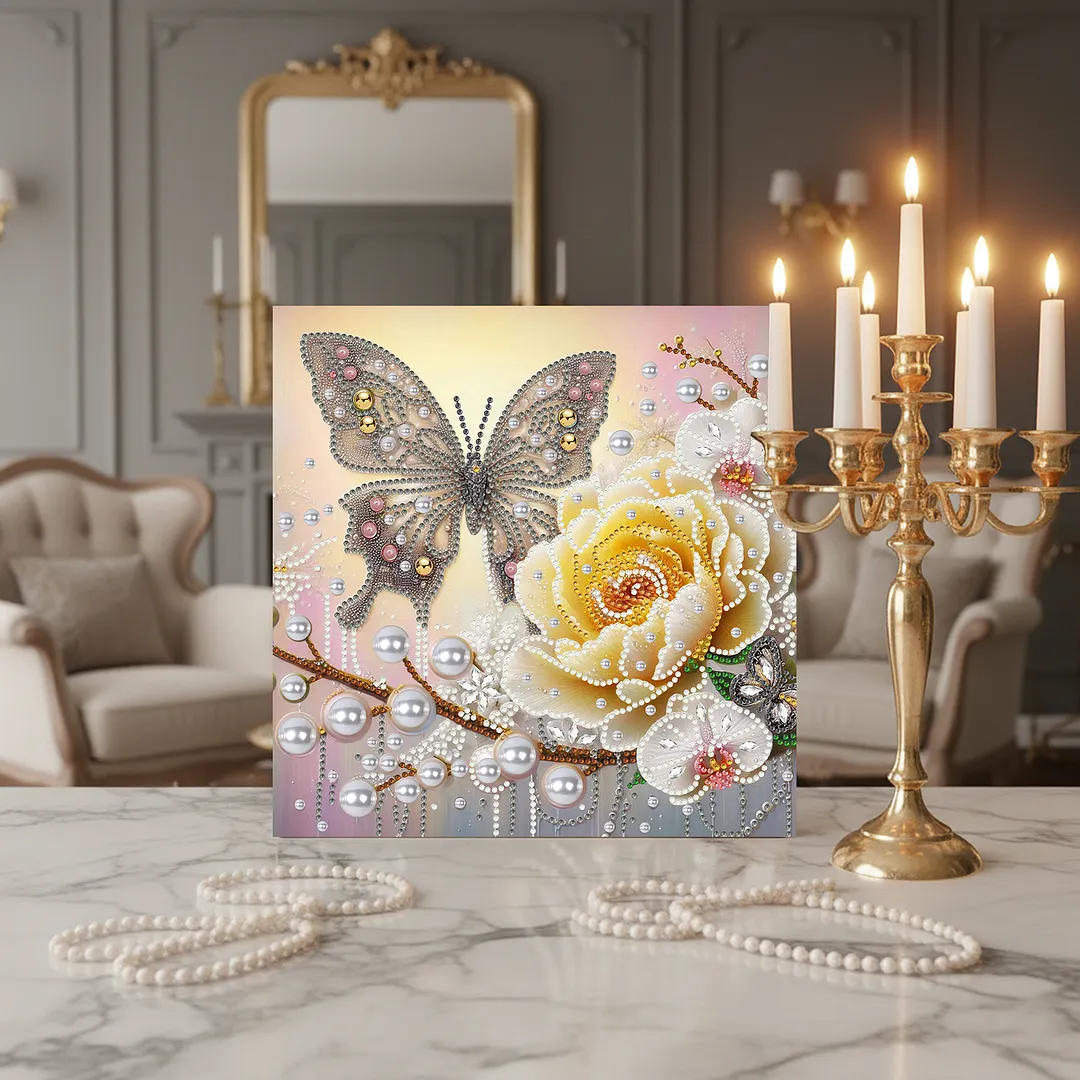 Yellow Butterfly DIY Special Shape Drill Diamond Art Pearl Painting Kit with Frame 25x25cm Art Craft Pearl Diamond Painting for Adults Beginners Home Decor