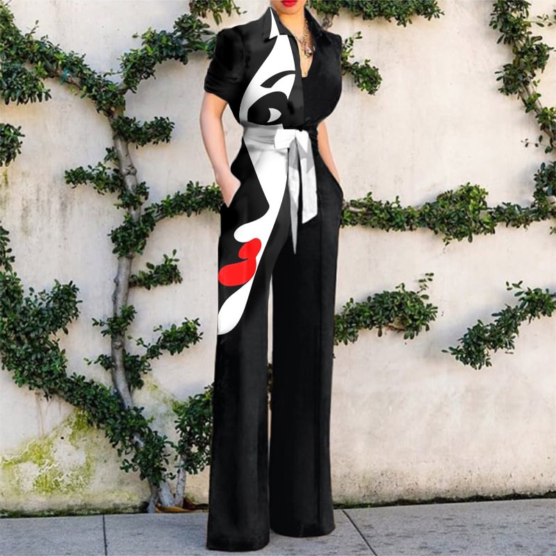 New Women Chic Fashion Art Abstract Print Jumpsuit