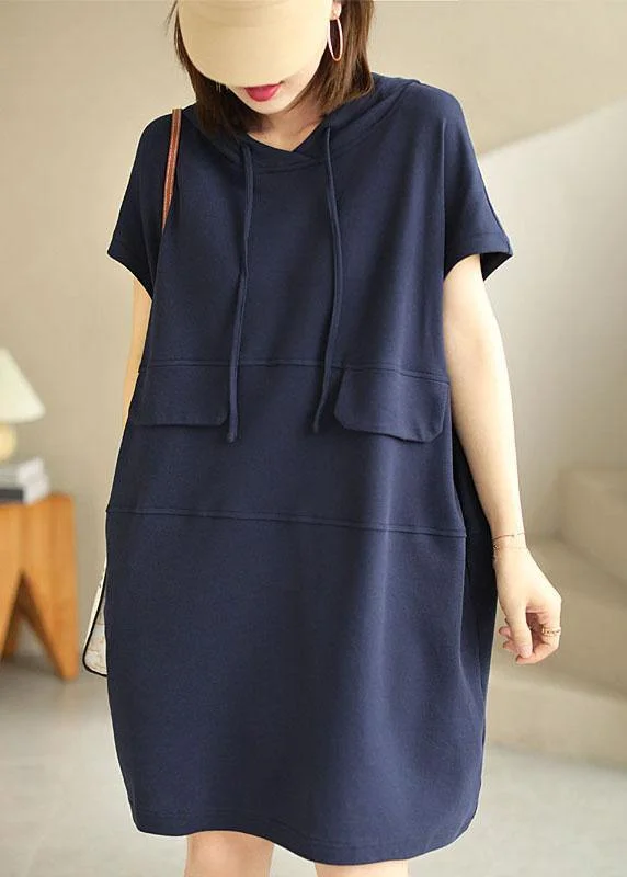 Chic Navy Hooded drawstring Patchwork Fall Short Sleeve Dress
