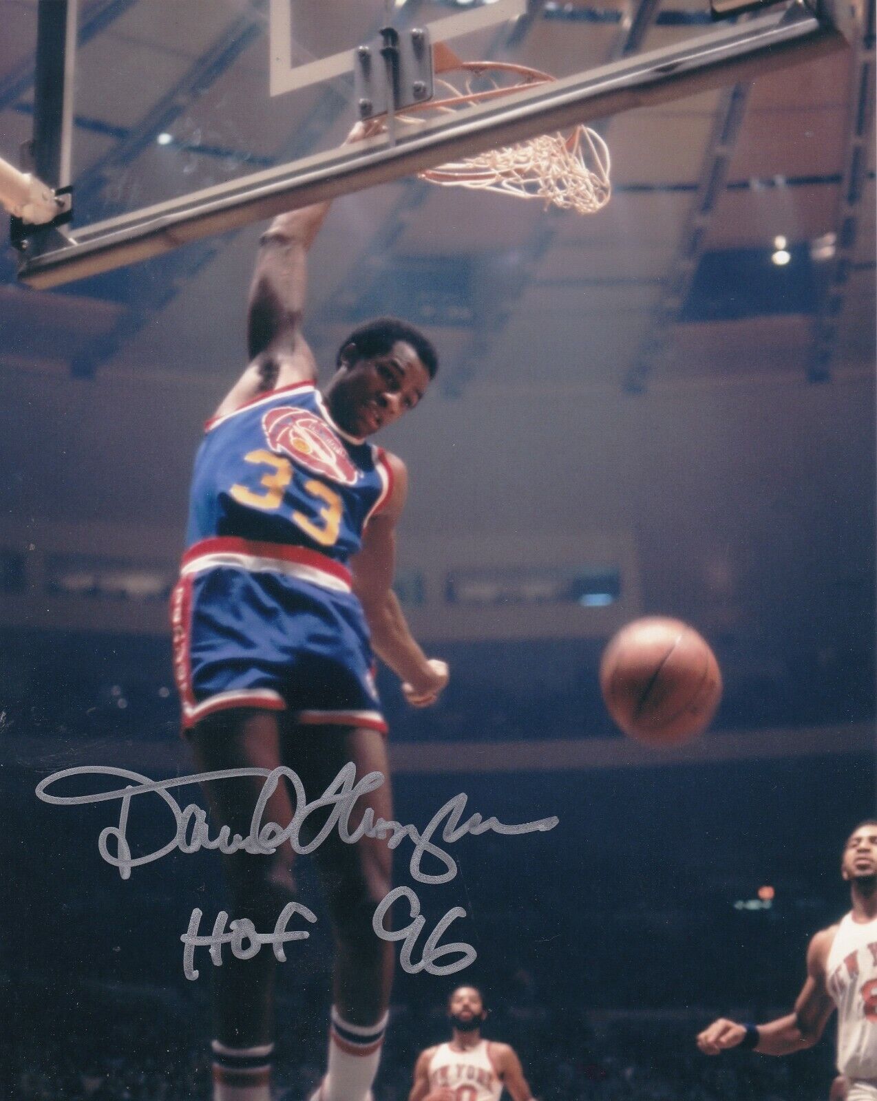 DAVID THOMPSON DENVER NUGGETS ABA HOF 96 ACTION SIGNED 8X10