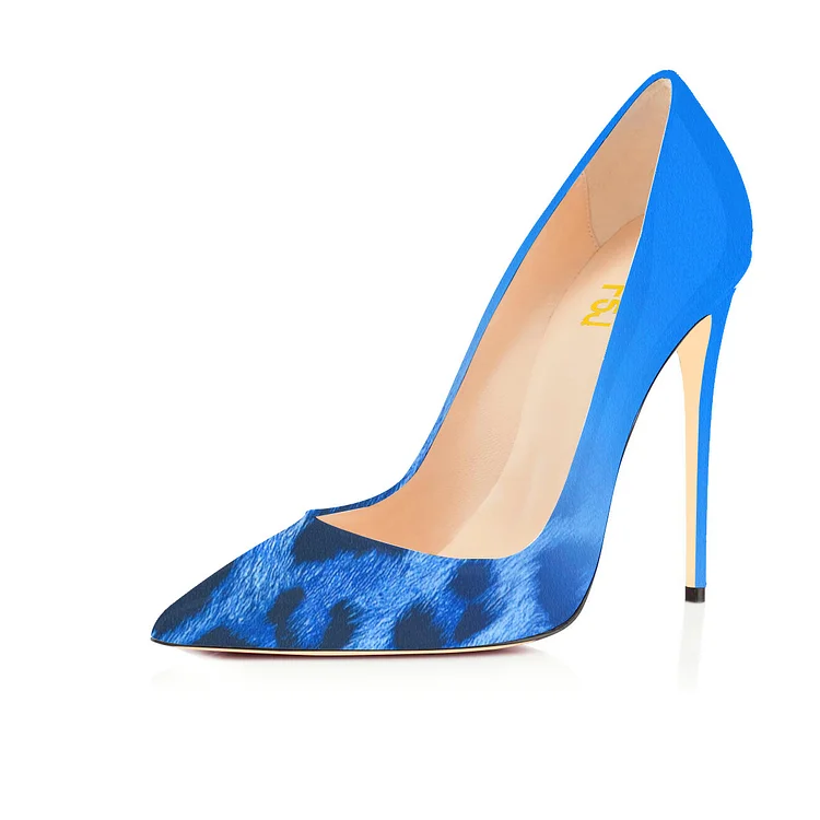Blue Leopard Print Shoes Pointed Toe Dress Shoes Stiletto Heels Pumps |FSJ Shoes