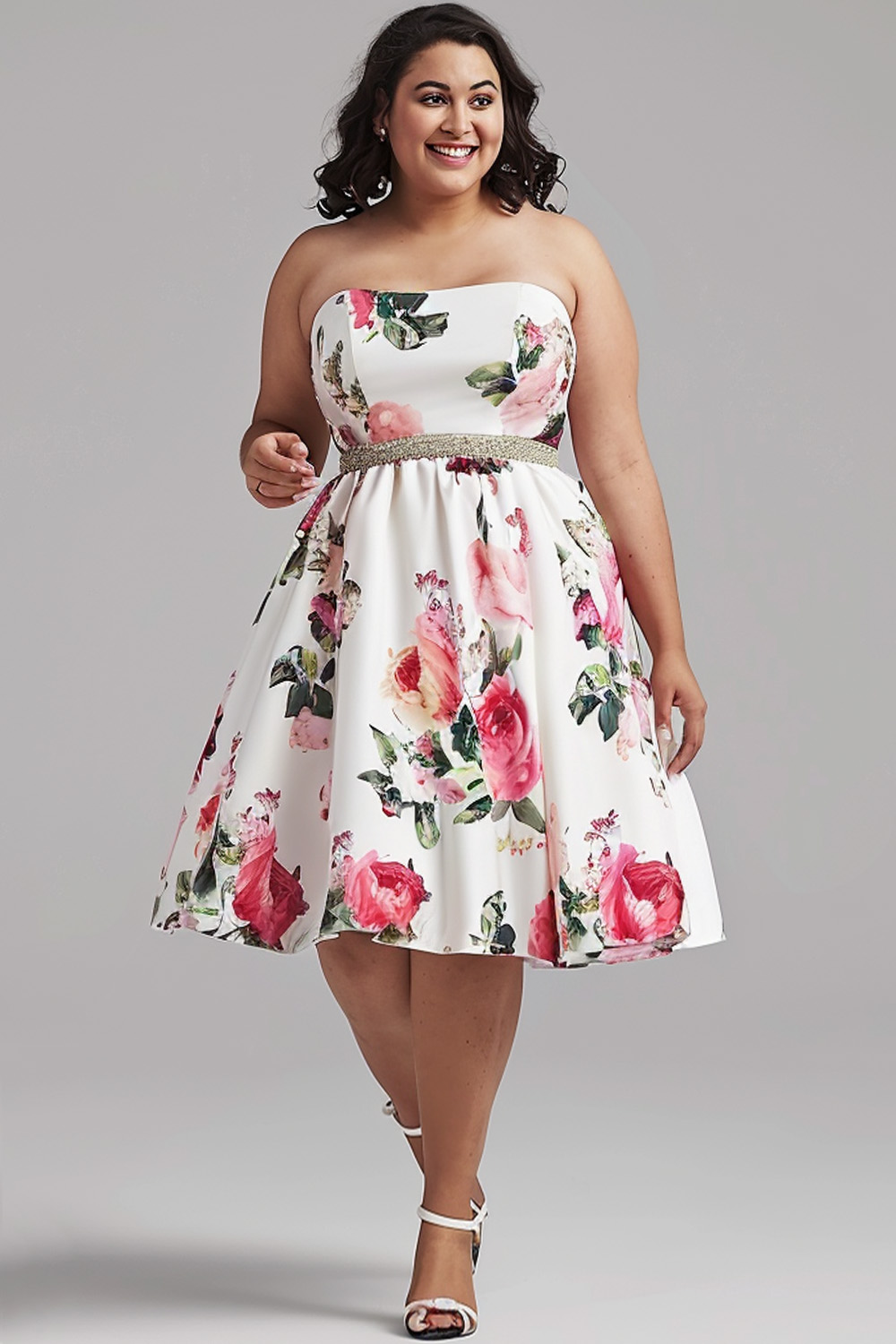 Flycurvy Plus Size Bridesmaid White Floral Print Strapless Midi Dress 2024 - Flycurvy 