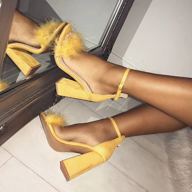 Yellow Fur Heels Ankle Strap Sandals Vegan Suede Block Heel Sandals |FSJ Shoes
