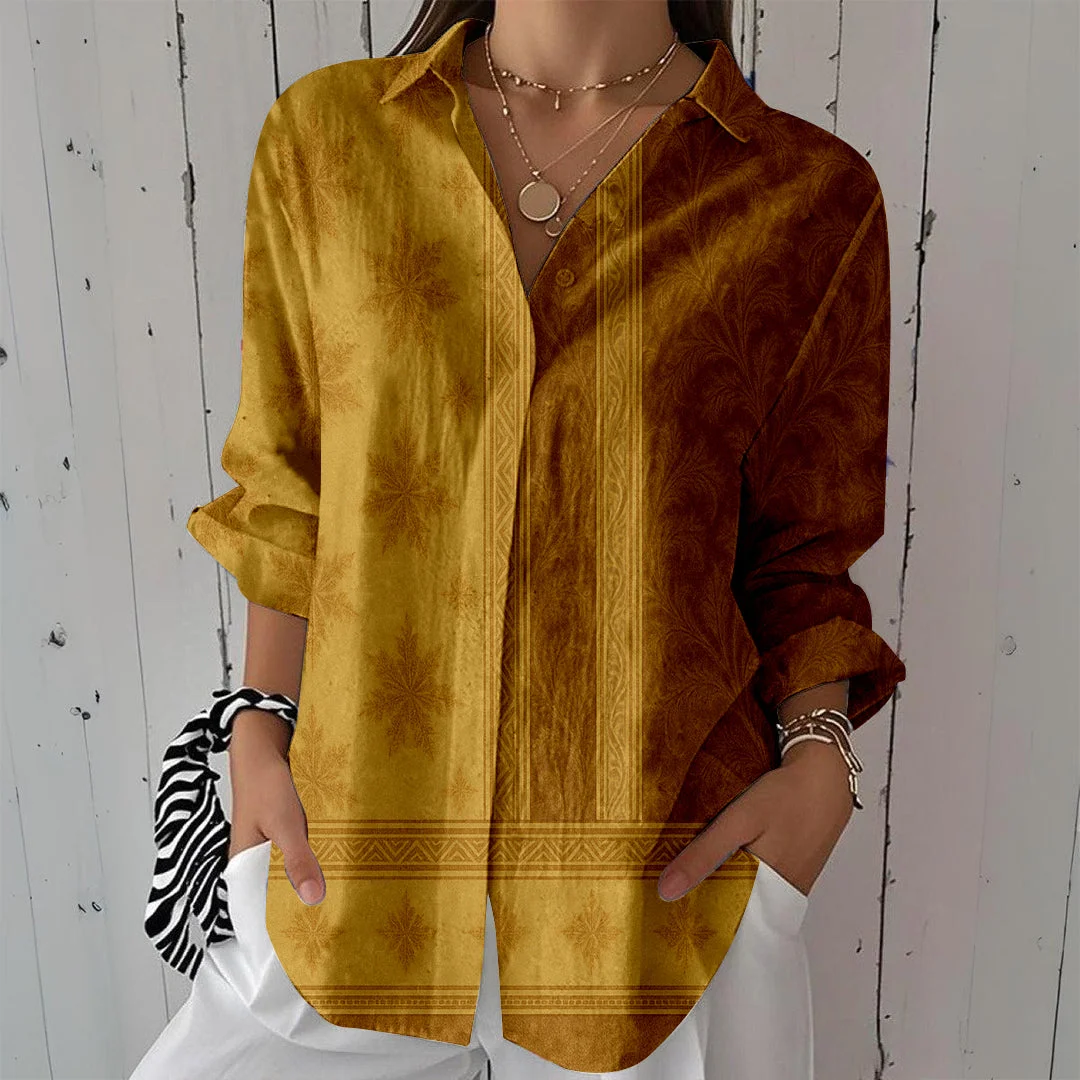 Style & Comfort for Mature Women Women Bohemian,Khaki DZCL0286 3/4 Sleeve Shirt Collar Printed Button Tops
