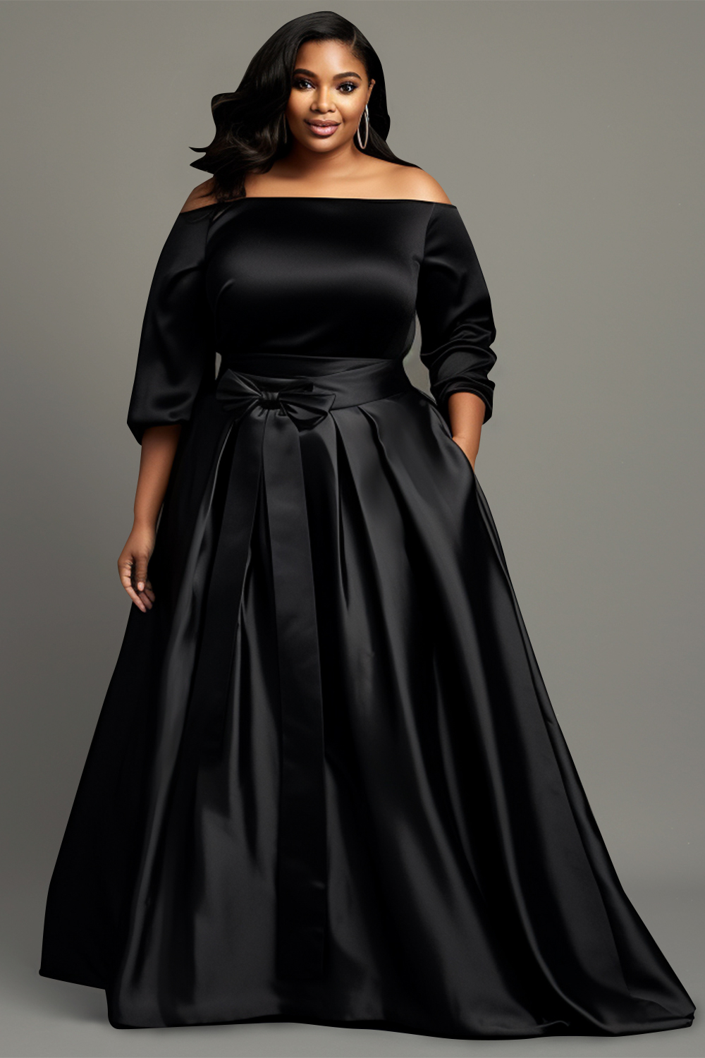 Design Plus Size Semi Formal Elegant Black Off The Shoulder 3/4 Sleeve Pocket Pleated Bow Tie Satin Maxi Dresses [Pre-Order]