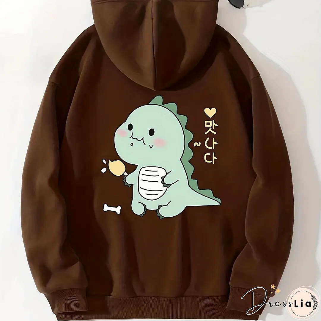 Cartoon Dinosaur Graphic Long Sleeve Fleece Hooded Sweatshirts Print Drawstring Sports