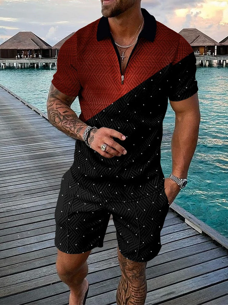 Men's Fashion Printed Zip Polo Shirt and Shorts Two-Piece Suits