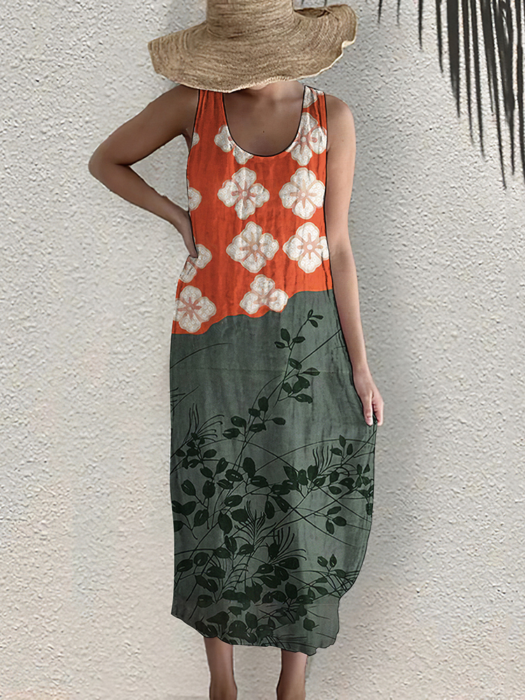 Comstylish Japanese Art Flower Print Sleeveless Casual Linen Blend Midi Dress