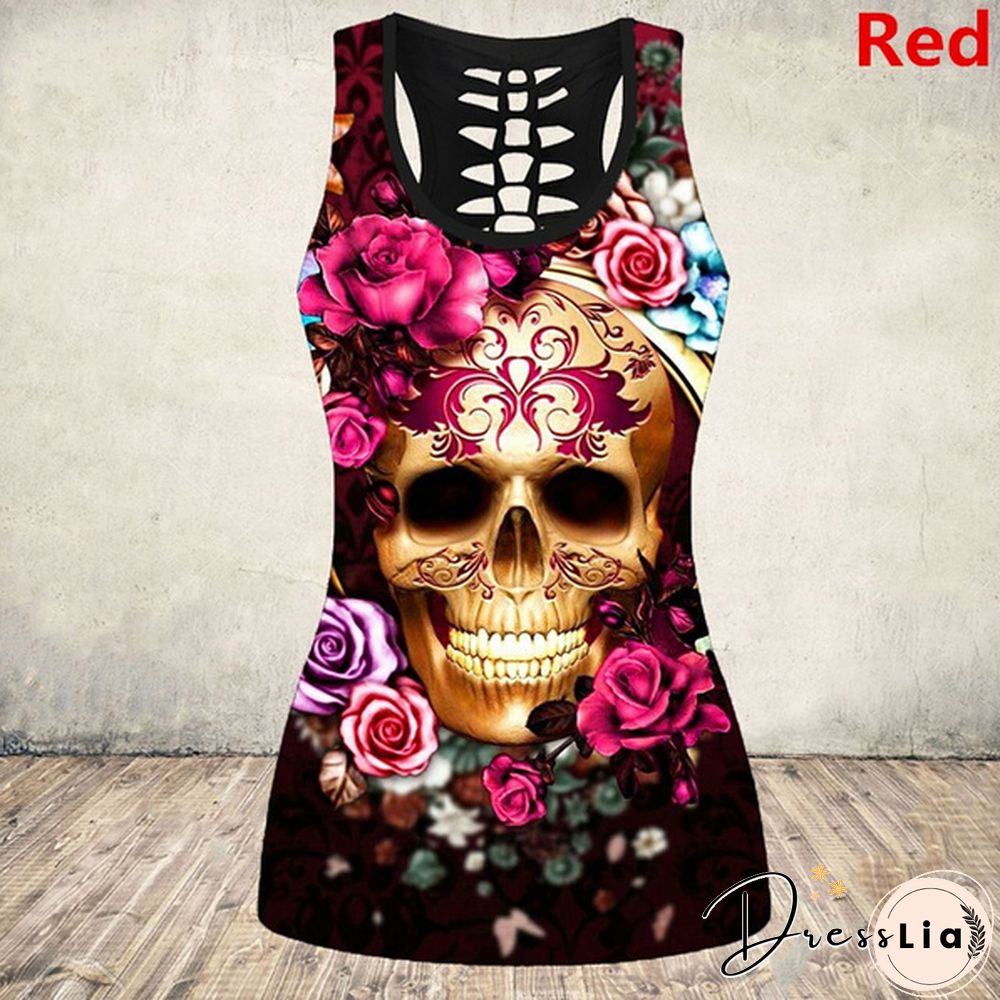 New Women's Skull Print Cut Out Back Tank Top Gothic Sleeveless Shirt Tops