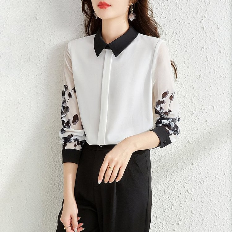 White Floral Long Sleeve Color-Block Shirts & Tops