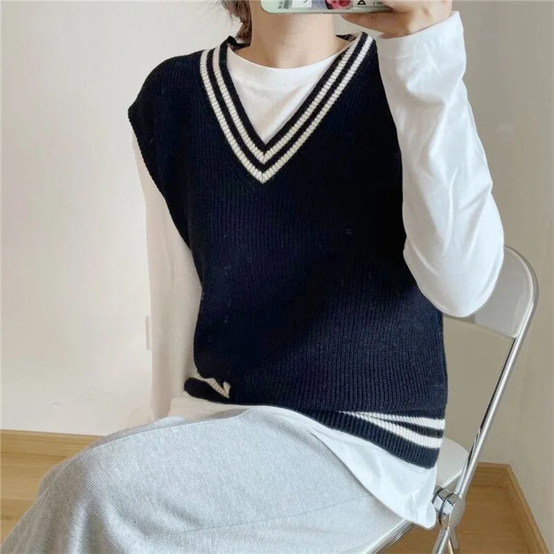 Syiwidii Knitting Vests Sweater Women Fall Winter 2021 Vinatge Preppy Style Pullovers V Neck Streetwear Jumpers Korean Tank Tops