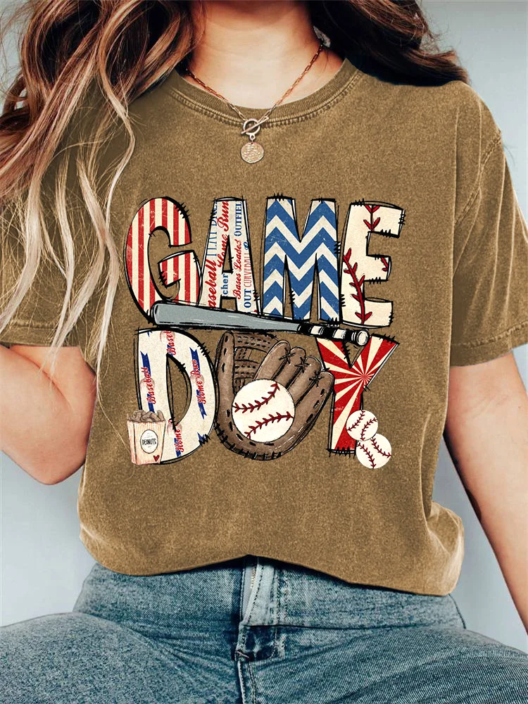 Baseball Game Day Print Casual Cozy Vintage T-Shirt