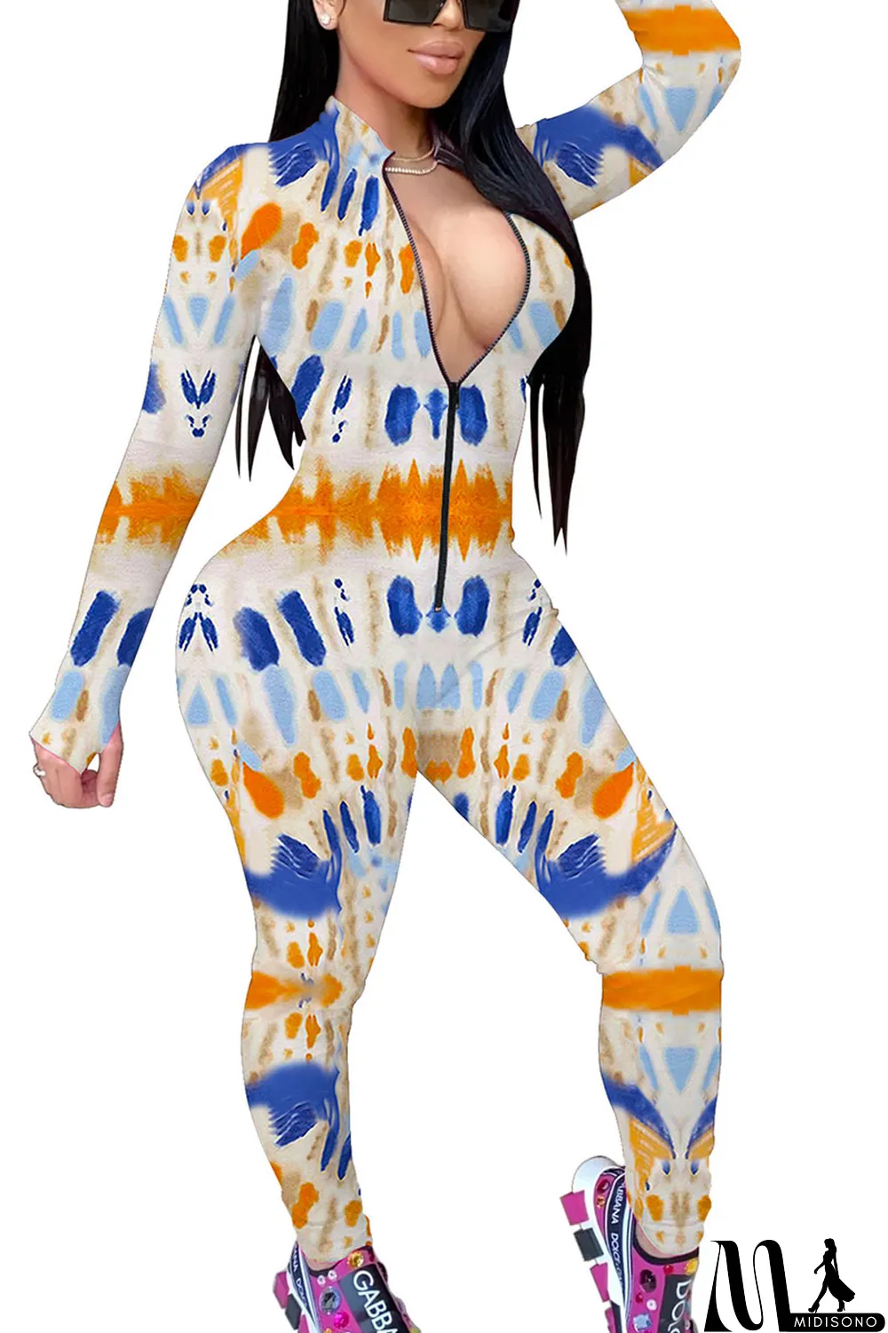 MidiSono - Red Fashion Print Split Joint O Neck Regular Jumpsuits