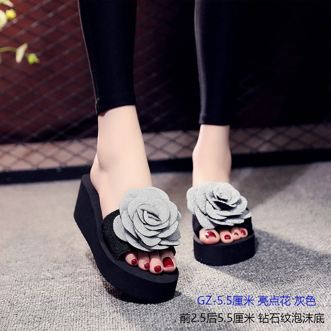 High Heel Wedges Slippers For Elegant Women Summer Romantic Valentine Beach Casual Shoes Female Outdoor Open Toe Flower Slipper