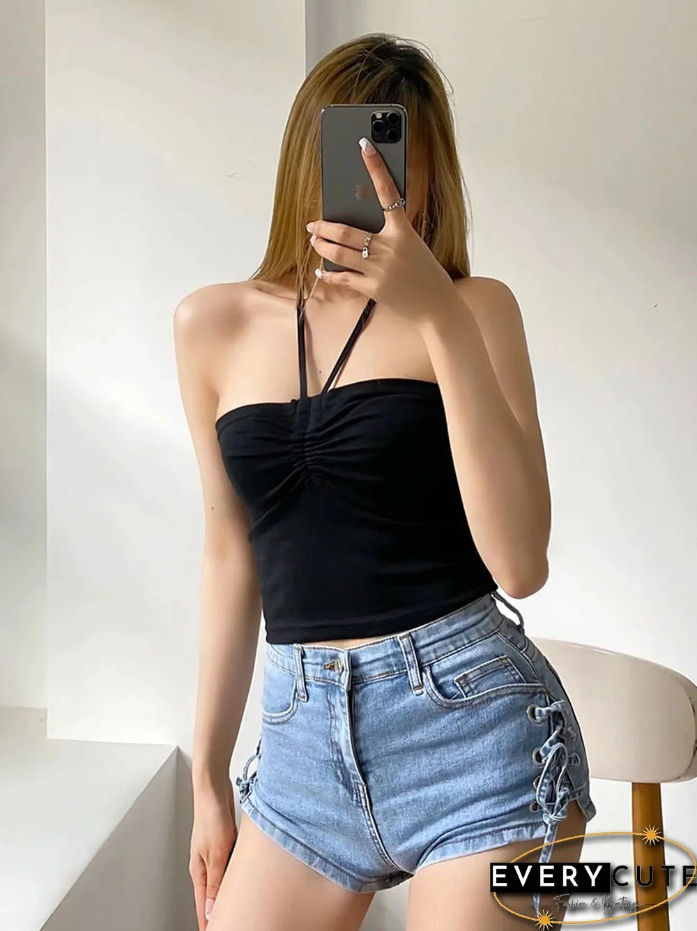 Women Ruched Halter Neck Cami Top Sexy Camisole