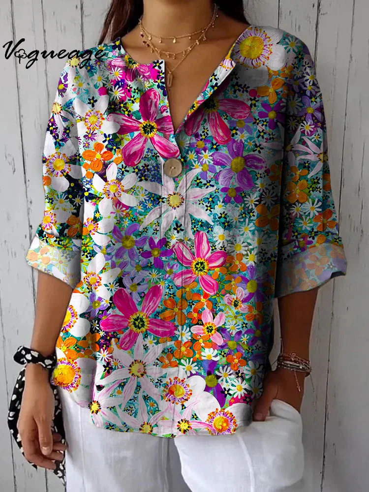 Gentle Painted Beautiful Flowers Printed Cotton And Linen Shirt