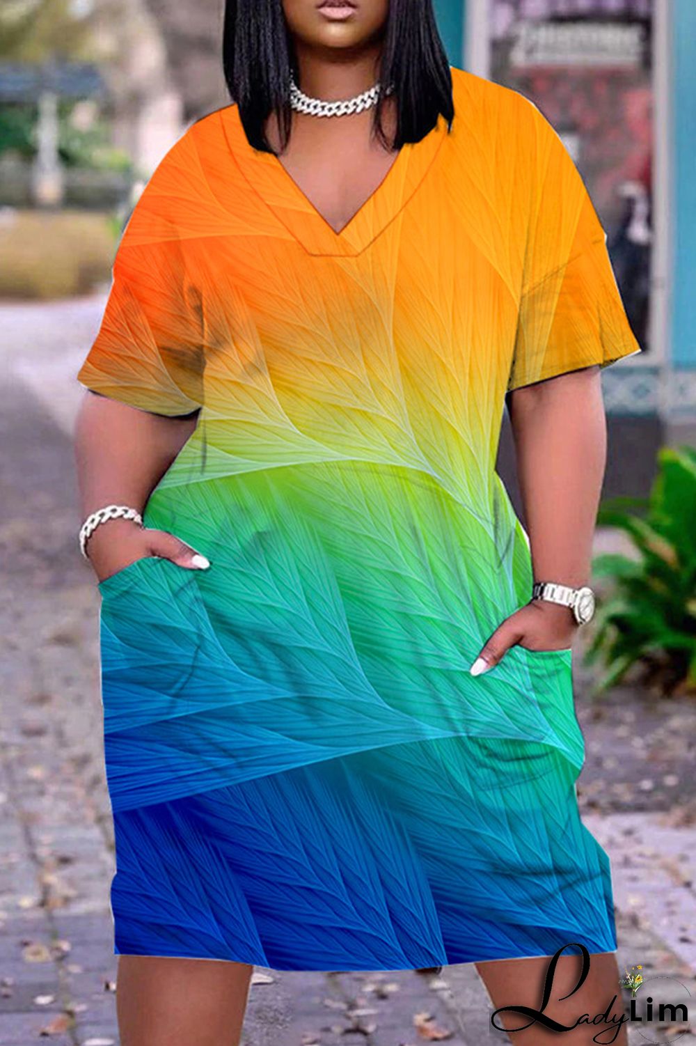 Orange Green Casual Print Patchwork V Neck Short Sleeve Dress