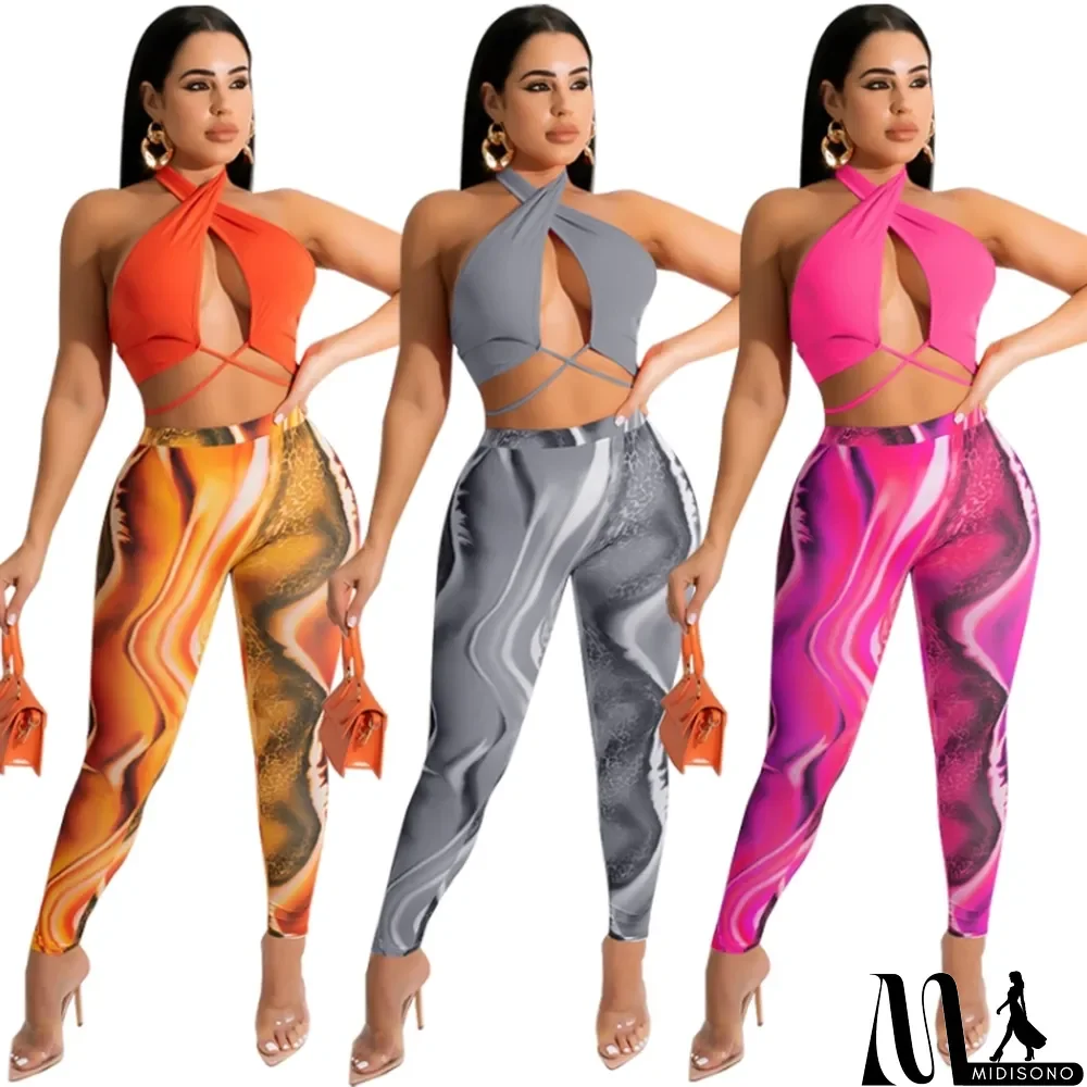 MidiSono - Women Summer Rose Sexy Halter Sleeveless High Waist Printed Lace Up Regular Two Piece Pants Set