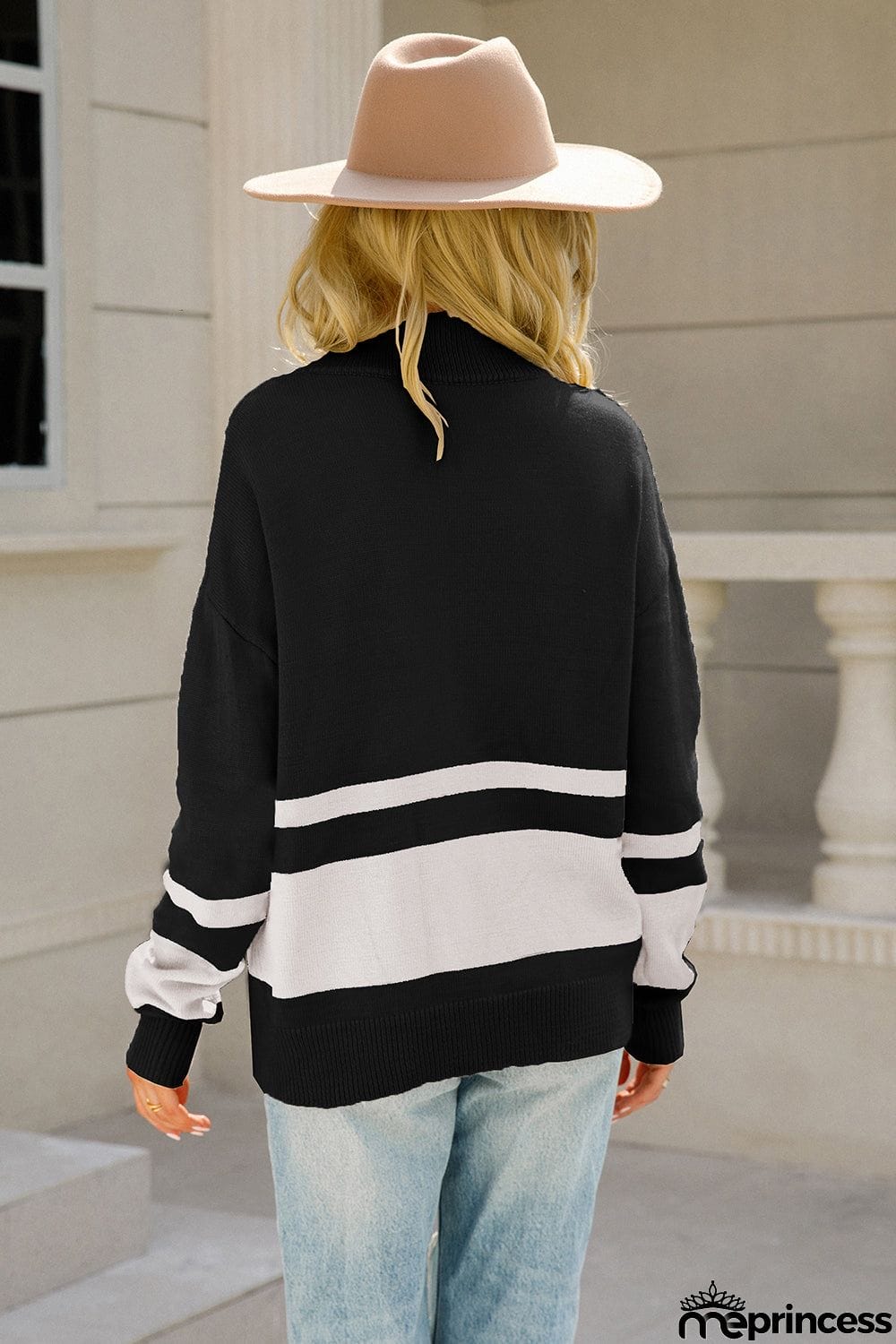 Two-Tone Long Sleeve Zip-Up Knit Top
