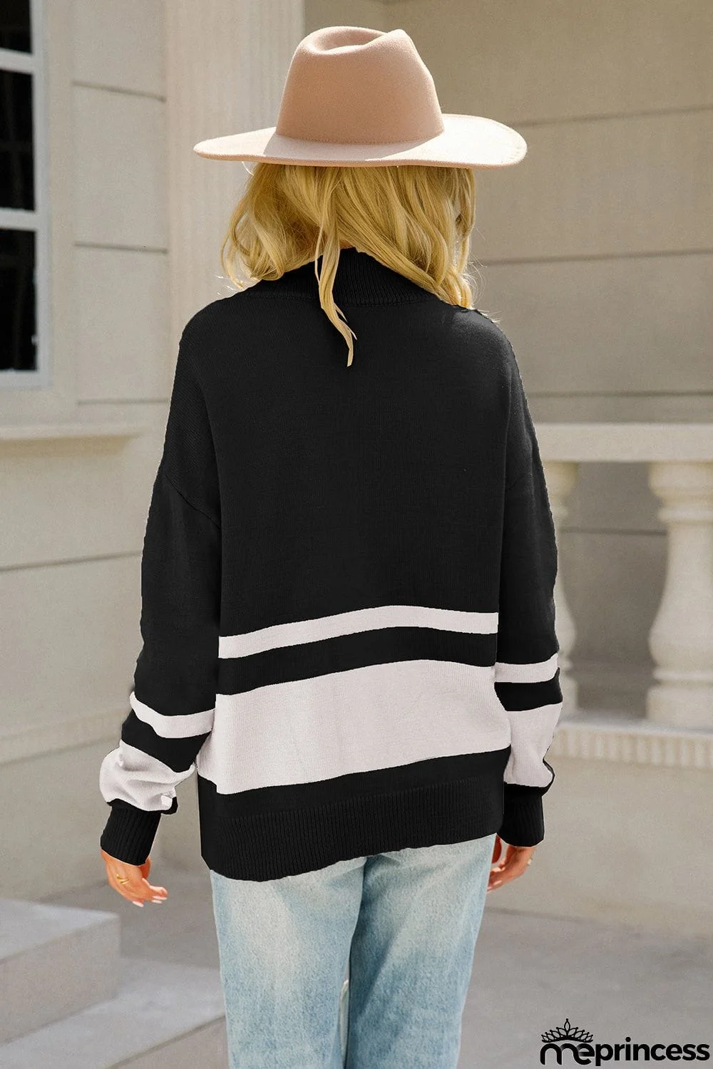 Two-Tone Long Sleeve Zip-Up Knit Top