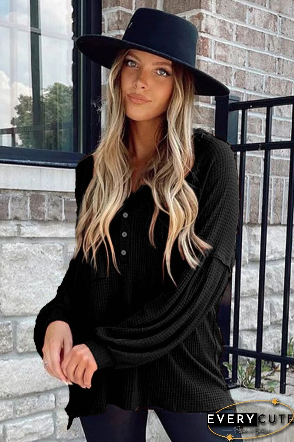 Black Buttoned V Neck Drop Shoulder Waffle Knit Top
