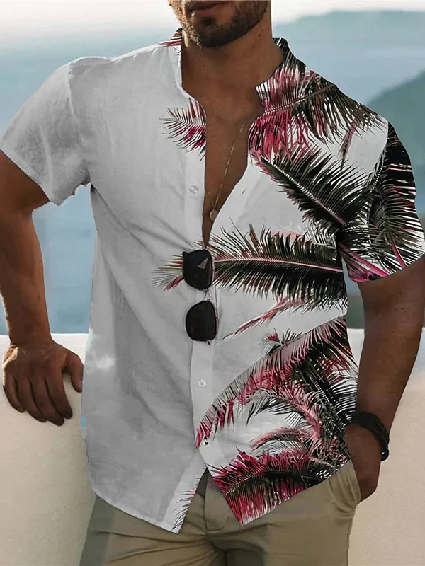 Men's Hawaiian Plant Printed Stand-up Collar Short Sleeve Shirt