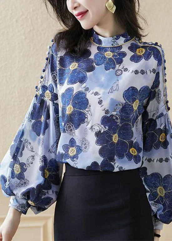 Plus Size Blue Stand Collar button print Silk Shirt Top Spring
