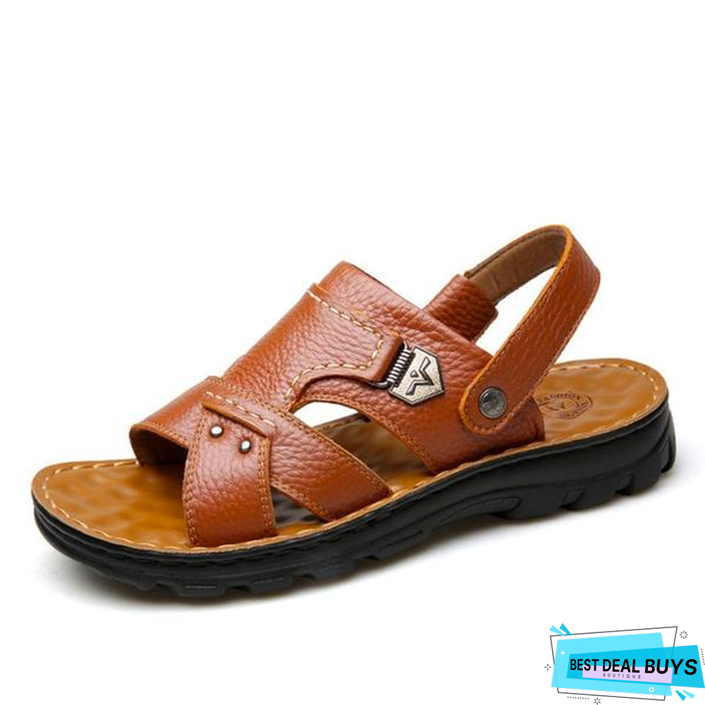 Men's Genuine Leather Sandals Beach Casual Non-Slip Slippers Shoes
