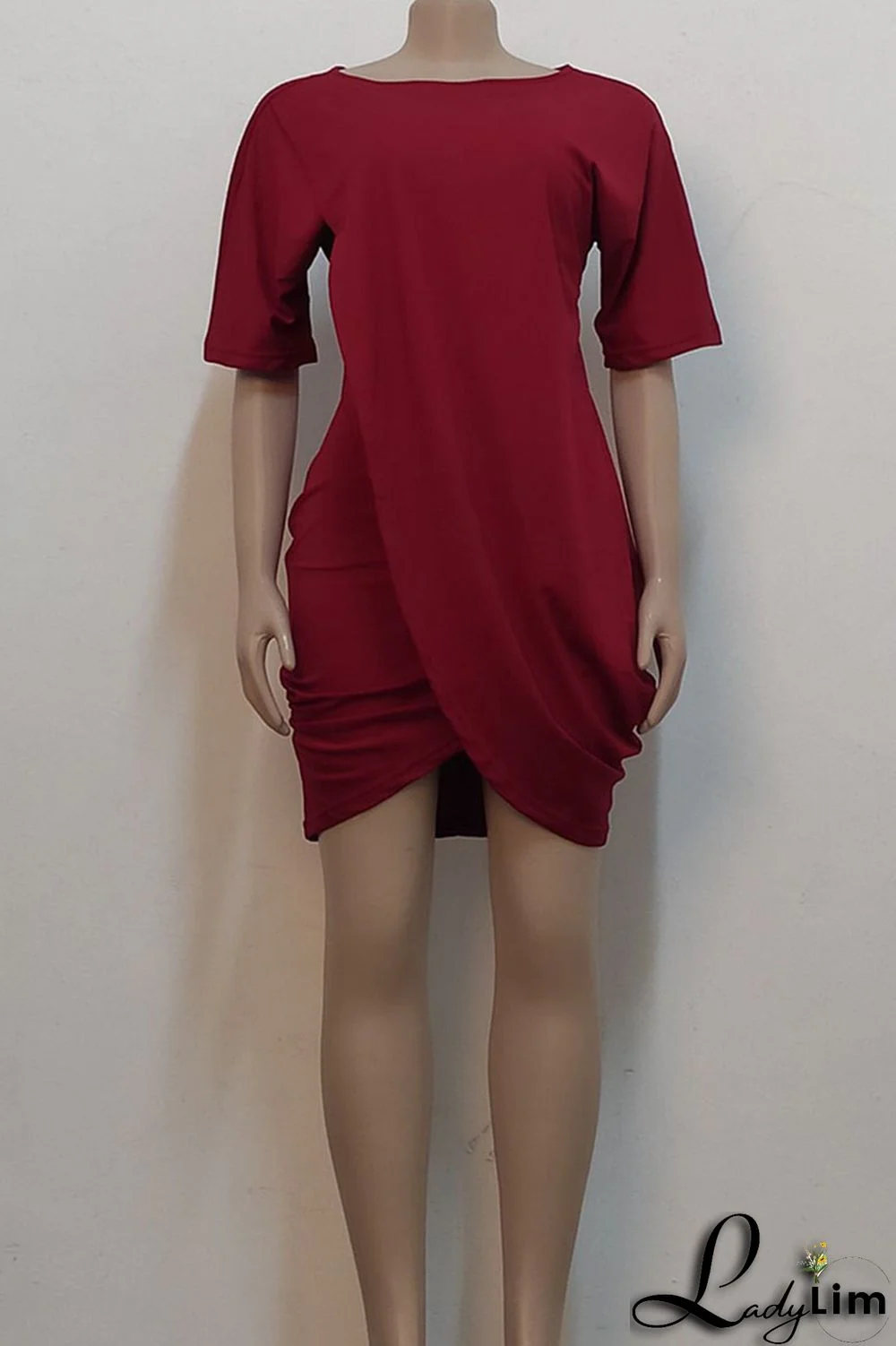 Black Casual Solid Split Joint Asymmetrical O Neck One Step Skirt Dresses