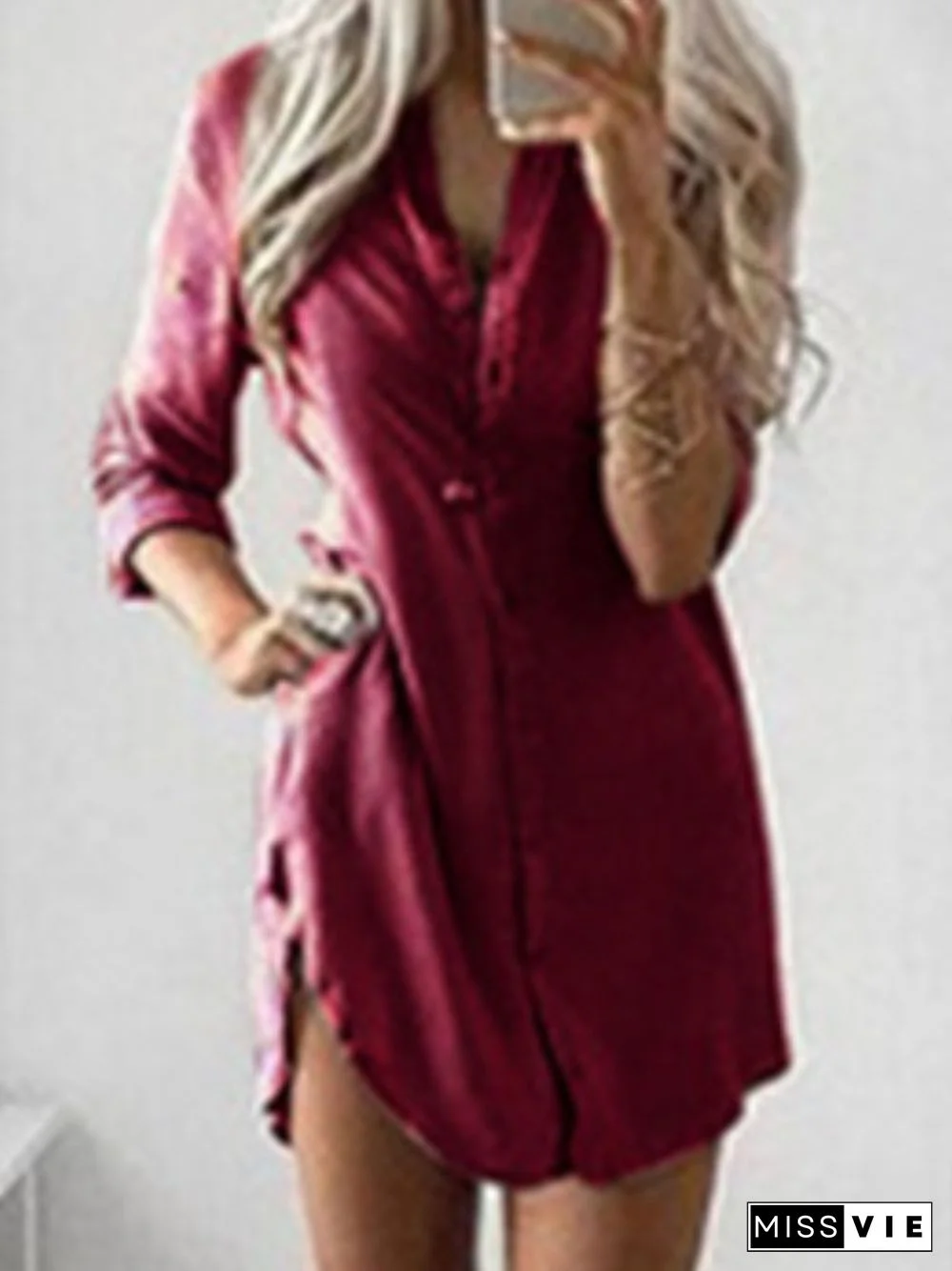 Casual Plain V neck Weaving Dress