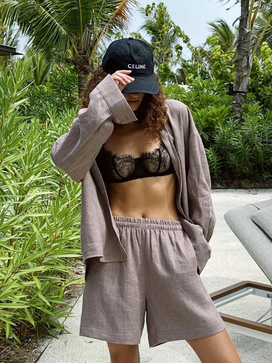 Nigikala Nigikala Open-Shirt Shorts Set 2025 Spring And Summer Wear Simple Solid Color Casual Suit