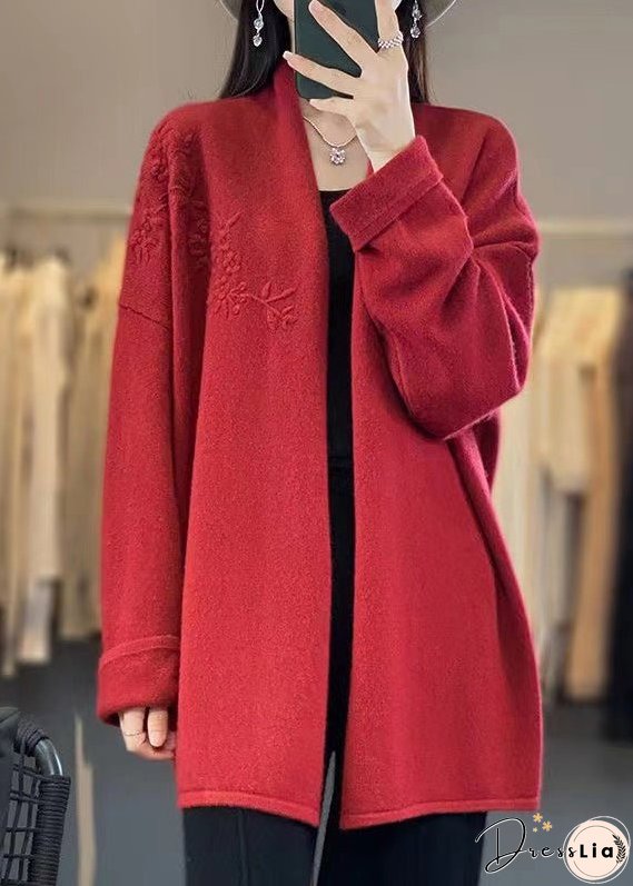 Loose Red V Neck Embroideried Cashmere Cardigan Top Fall
