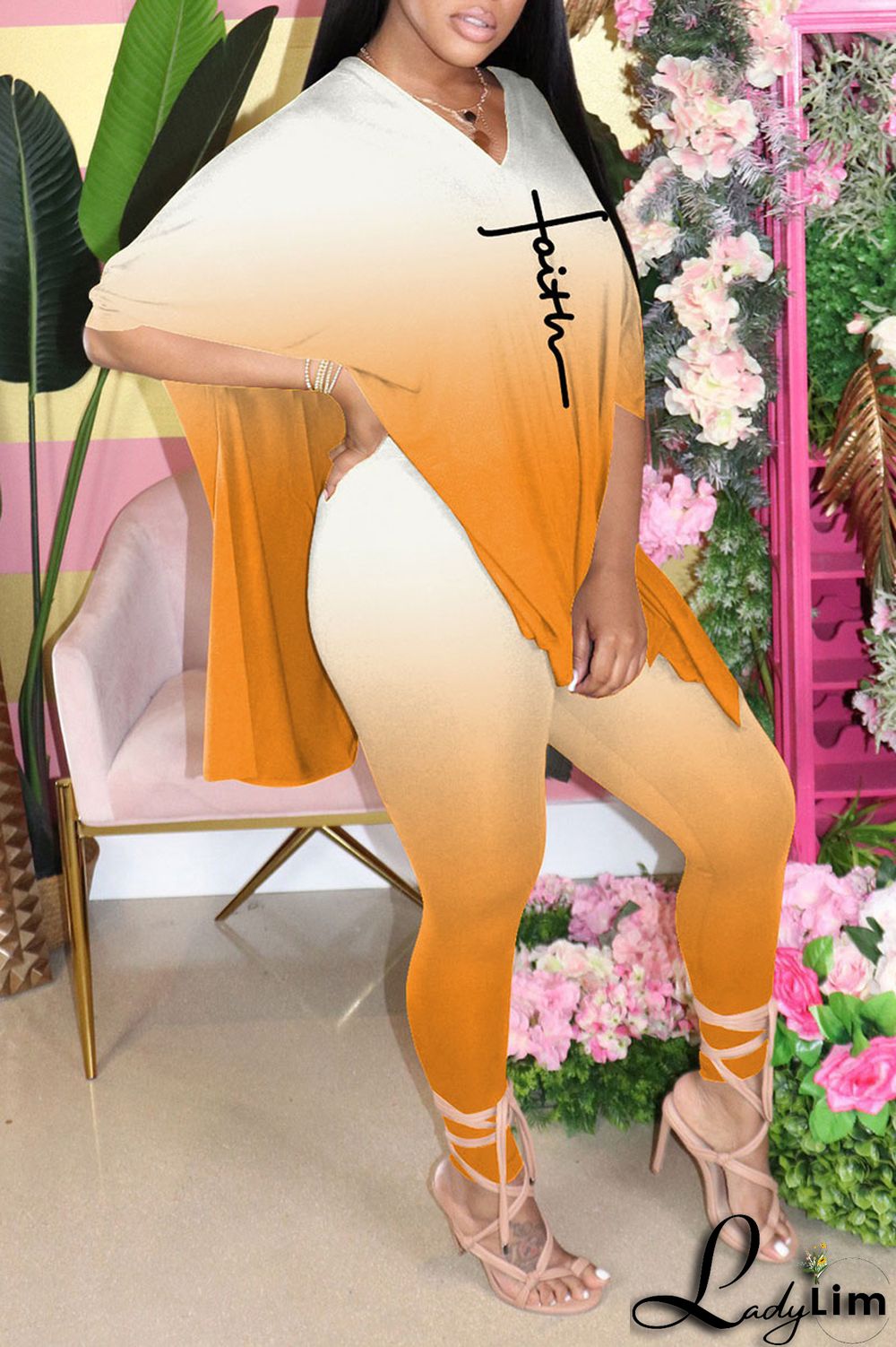 Black Casual Gradual Change Print Patchwork Slit V Neck Half Sleeve Two Pieces