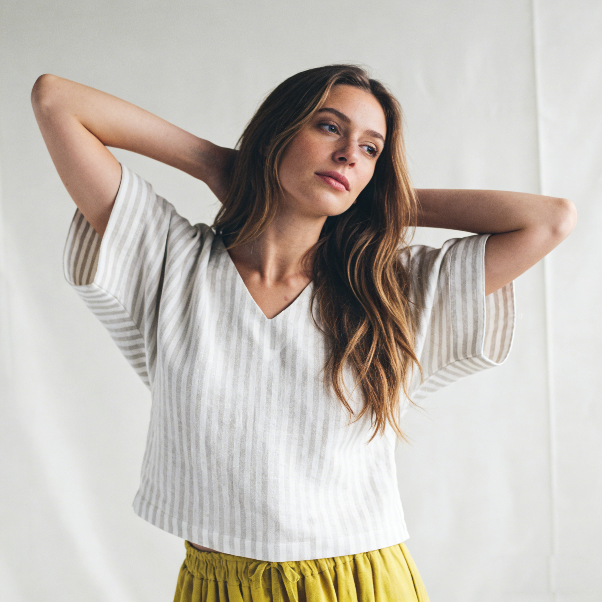 Linen Blouse Women 100% Linen Striped V Neck Cropped Summer Top Breathable Oversized REAL SILK LIFE