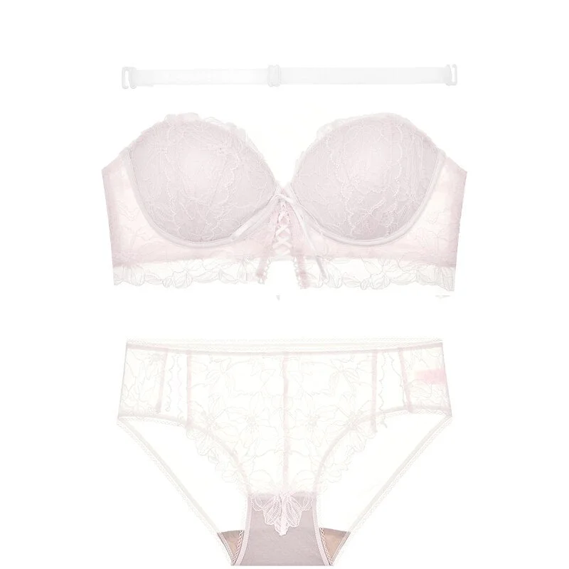 Meet'r Classic Bandage Lace Bra Set Push Up Brassiere Lingerie Gathered Sexy Women Transparent Panties Female Underwear Set