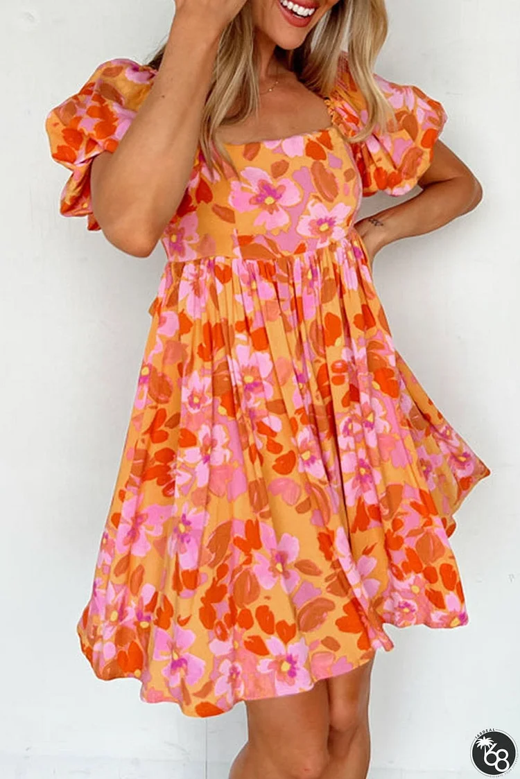 Orange Puff Sleeve Bow Knot Open Back Floral Mini Dress | 168DEAL