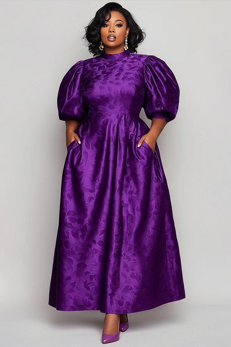 Xpluswear Design Plus Size Mardi Gras Purple All Over Print Round Neck Puff Sleeve Short Sleeve Pocket Elegant Satin Midi Dresses 2024 - Xpluswear