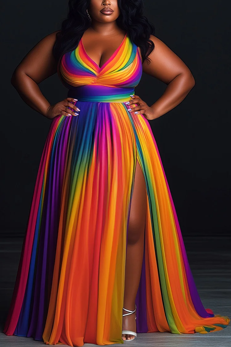 Xpluswear Design Plus Size Formal Rainbow Sundress Gradient V Neck Split Maxi Dresses [Pre-Order]
