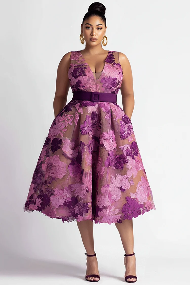 Xpluswear Design Plus Size Cocktail Party Purple Floral V Neck Pocket Midi Dresses [Pre-Order] 2024 - Xpluswear