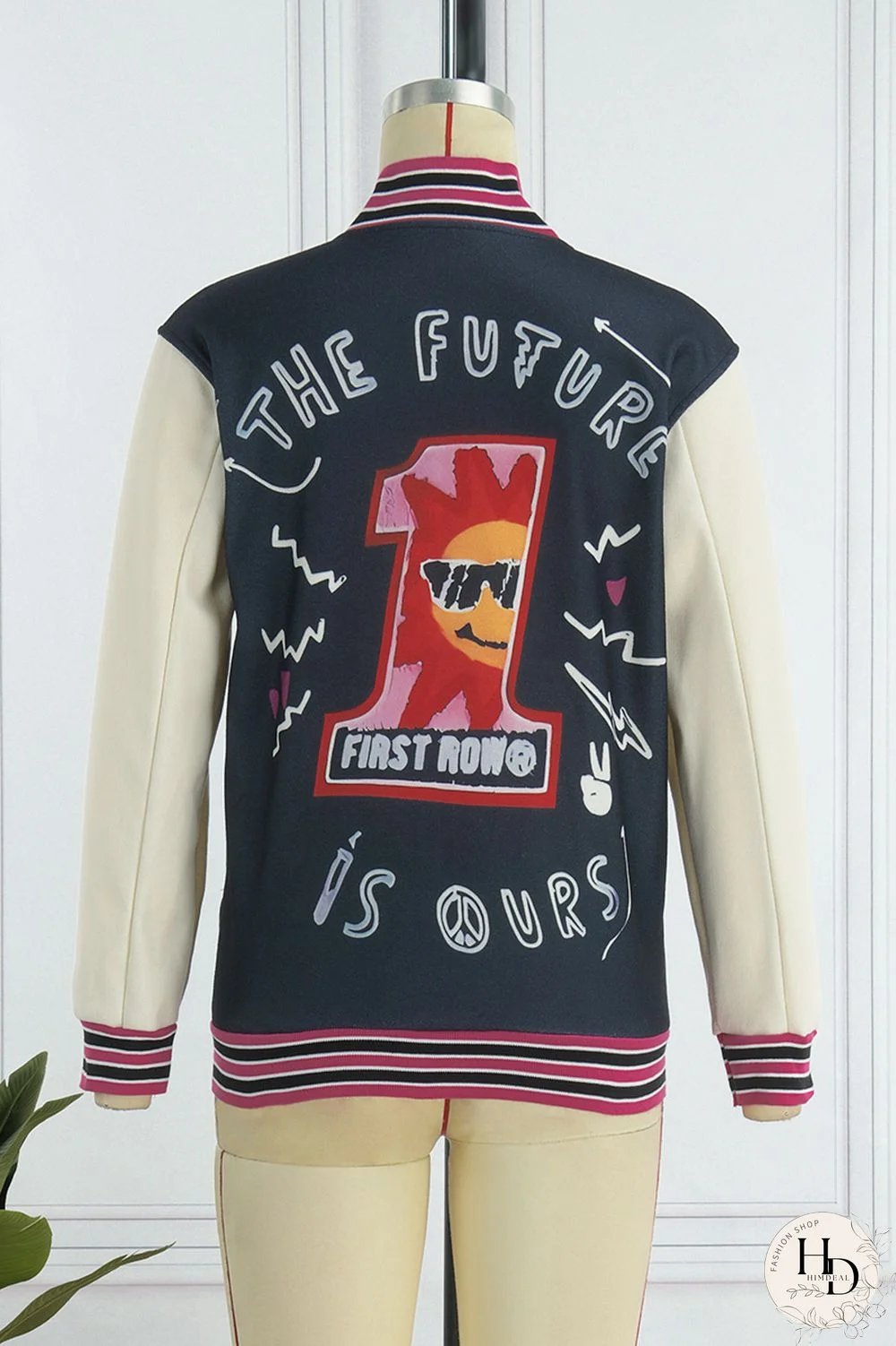 Blue Casual Print Patchwork O Neck Outerwear