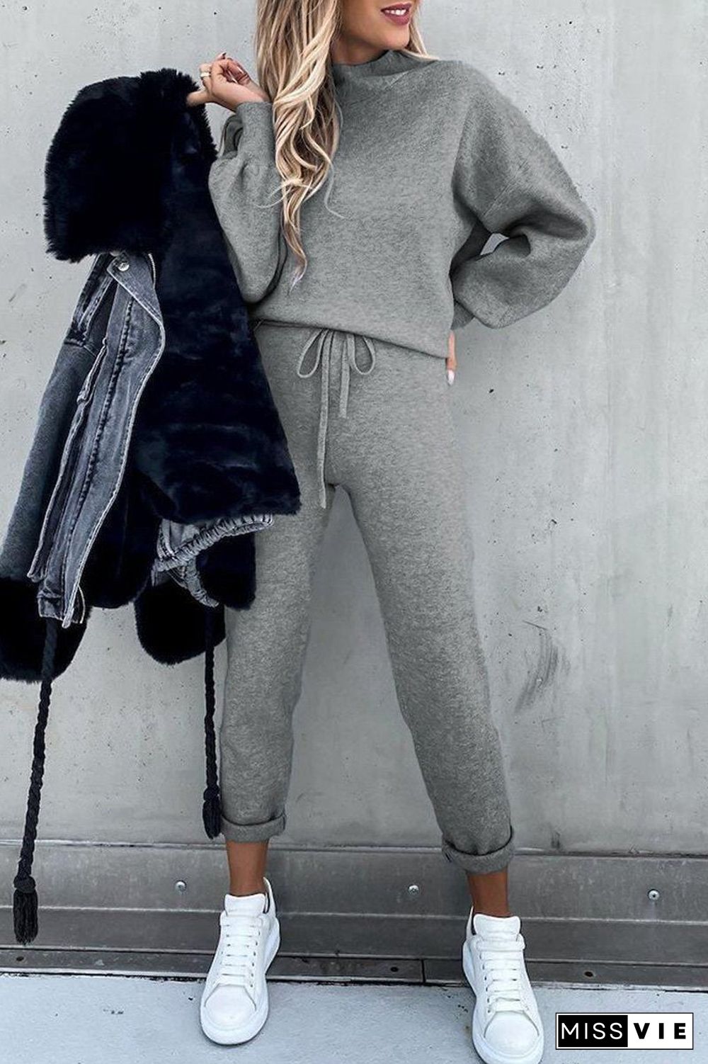 Solid Drawstring Waist Two Pieces Sets