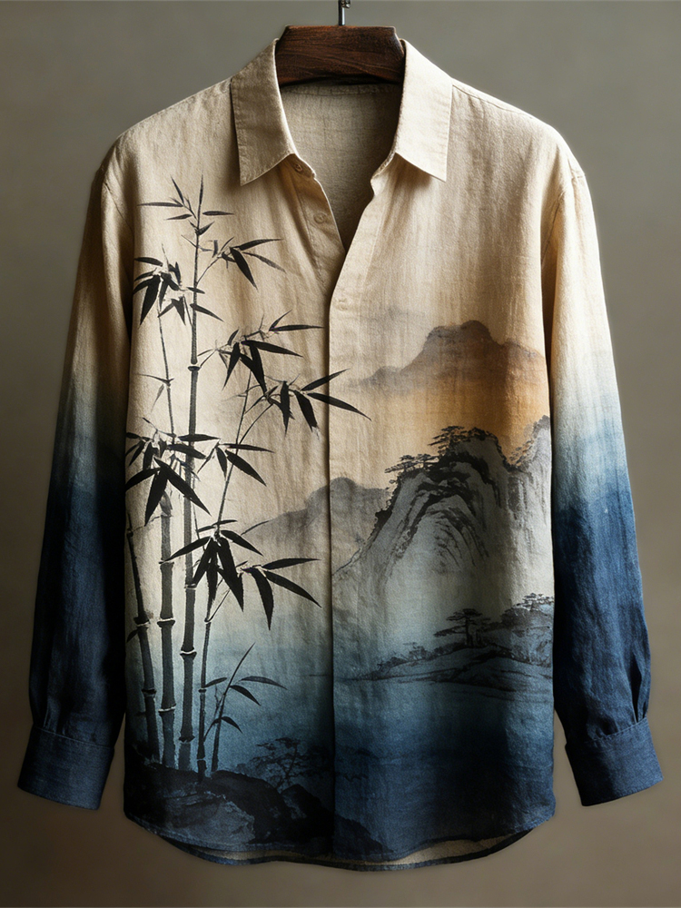 Vintage Japanese Landscape Men's Linen Long Sleeve Shirt  artssus